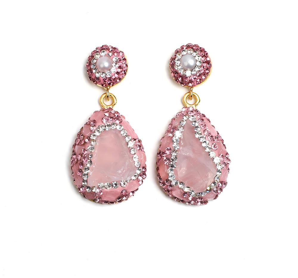 Pink Love Letter Earrings (AL-ER-004): Rose Quartz Mosaic & Pearl for Poetic Sentiment