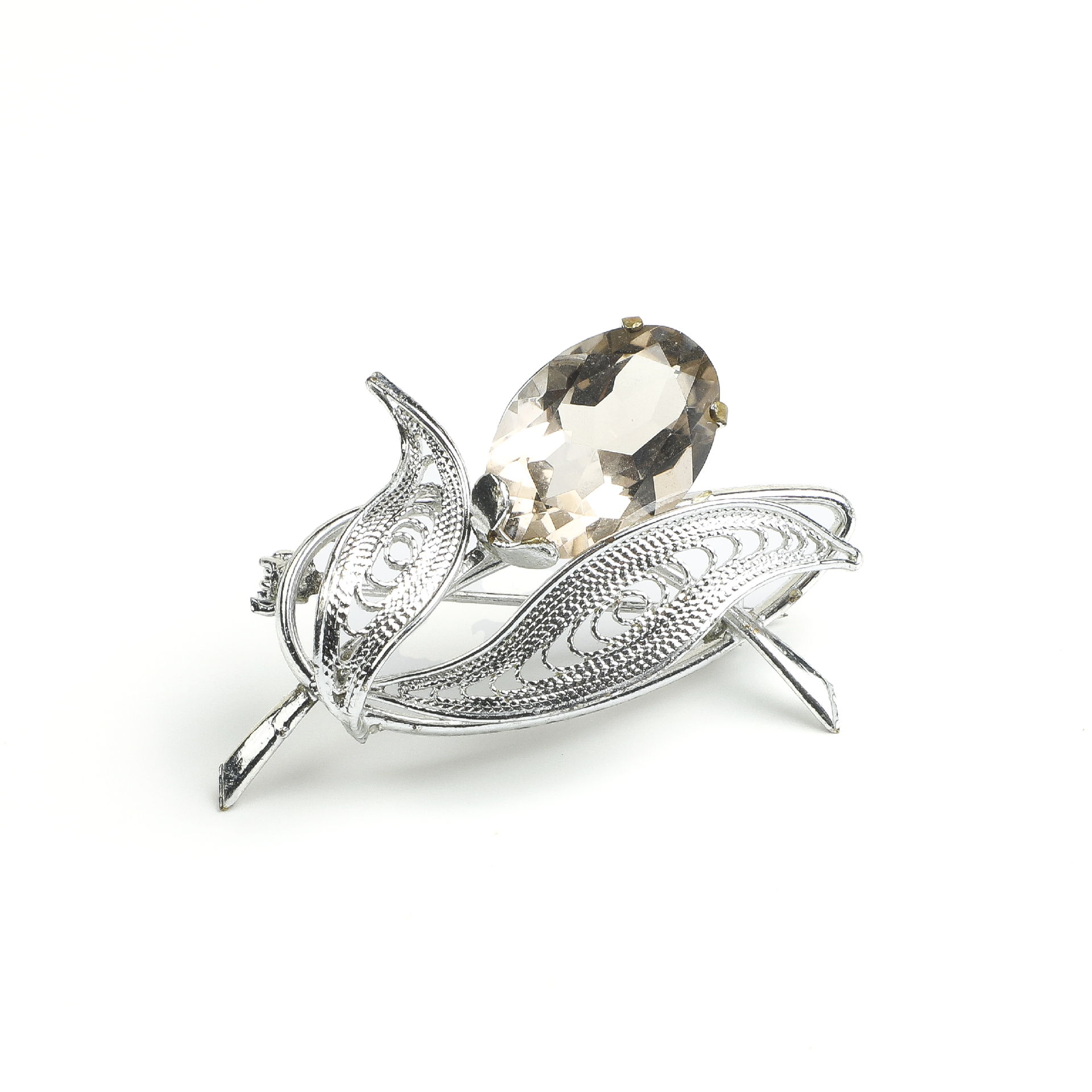 Japanese Showa Era Crystal Leaf Brooch