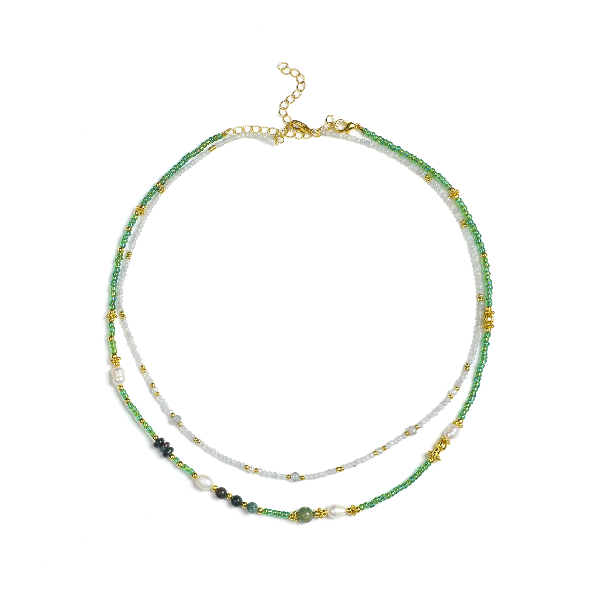 Zen Double-Layer Green Crystal and Pearl Necklace