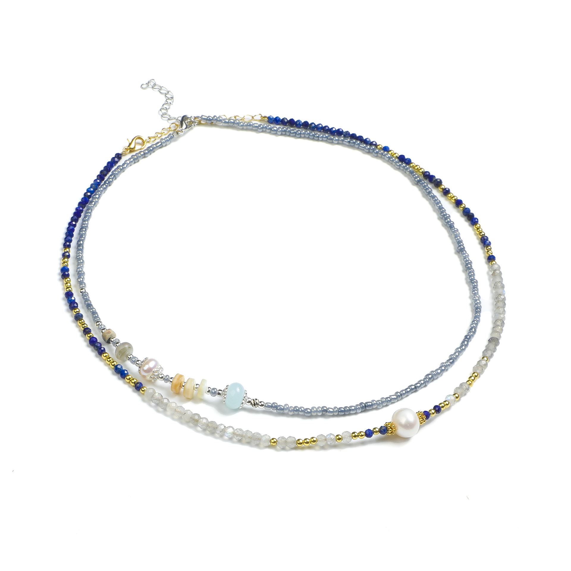 Zen Double-Strand Lapis Lazuli and Natural Pearl Necklace