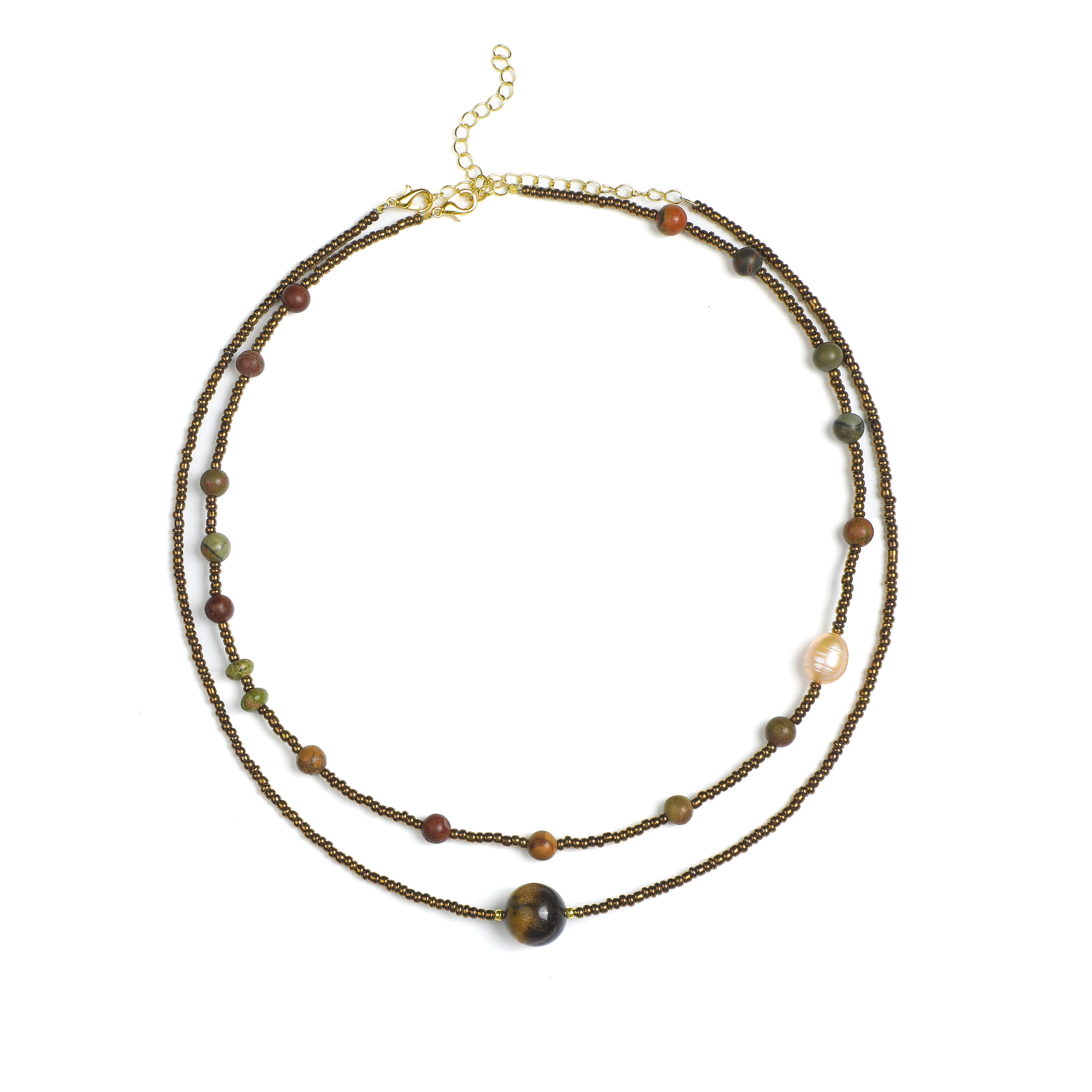 Zen  Double-Layer Tiger's Eye and Pearl Necklace
