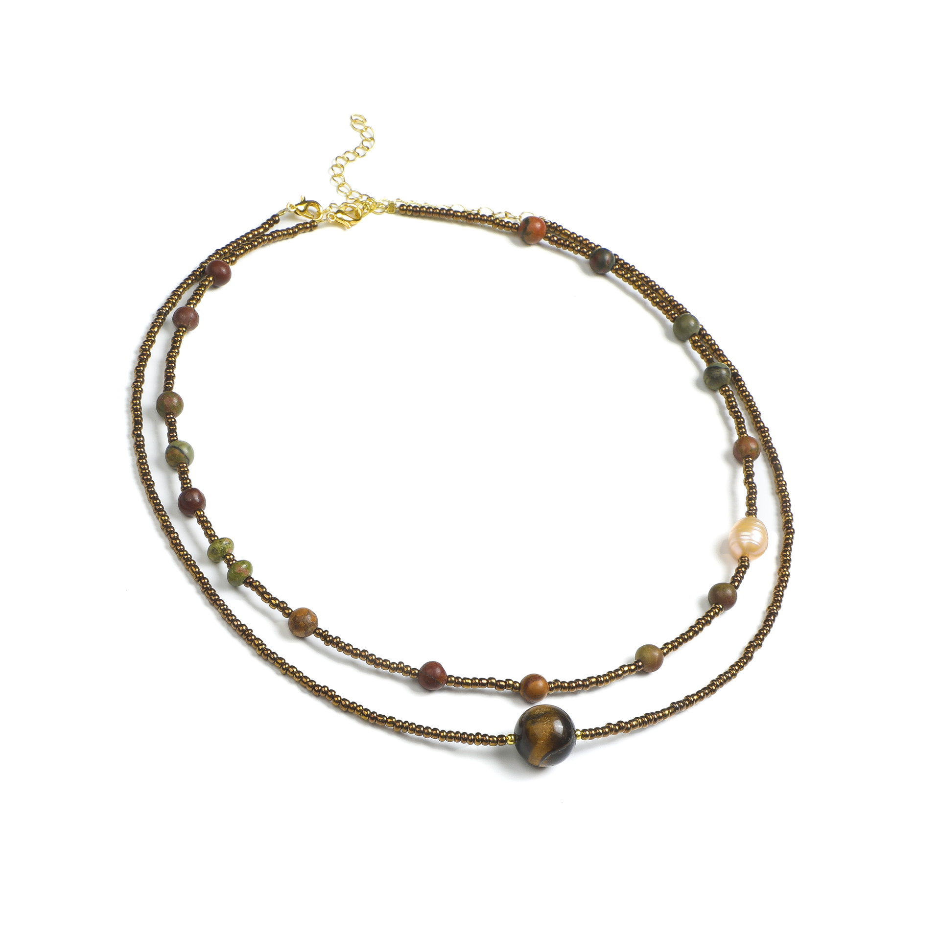 Zen  Double-Layer Tiger's Eye and Pearl Necklace